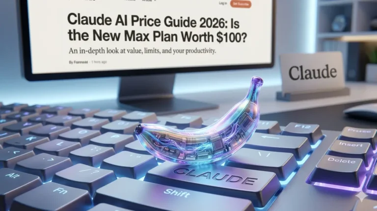 A sleek, high-tech hero image featuring a futuristic, translucent "nano banana" with glowing internal circuitry and fiber-optic lights resting on a modern mechanical keyboard. In the background, a computer monitor clearly displays the article headline: "Claude AI Price Guide 2026: Is the New Max Plan Worth $100?" The scene is set in a professional, dimly lit workspace with cool blue and purple ambient lighting, emphasizing a high-end AI technology theme.