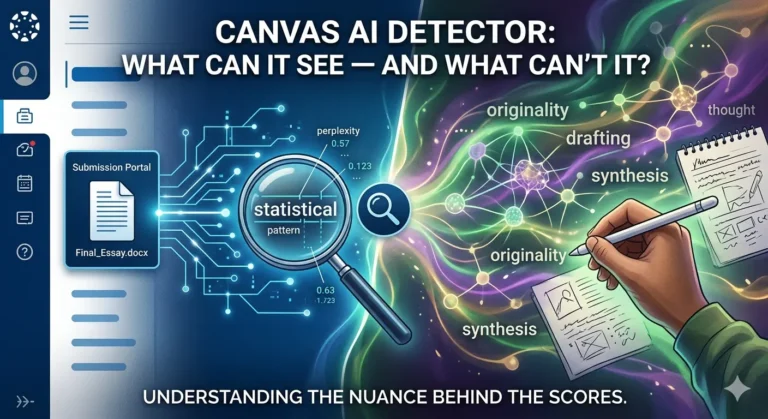 ai detector The Left Side (The Machine): Features a sleek, dark interface styled after a student submission portal. A magnifying glass hovers over a digital file labeled "Final_Essay.docx," analyzing it through glowing blue circuitry and data points like "statistical pattern" and "perplexity". The Right Side (The Human): Transitions into a vibrant, colorful explosion of organic shapes and neural-like connections. A human hand is shown actively writing on a notepad, surrounded by floating words such as "originality," "synthesis," "thought," and "drafting". Text Overlay: The main title is displayed at the top, with a subtitle at the bottom that reads: "UNDERSTANDING THE NUANCE BEHIND THE SCORES". ai detector