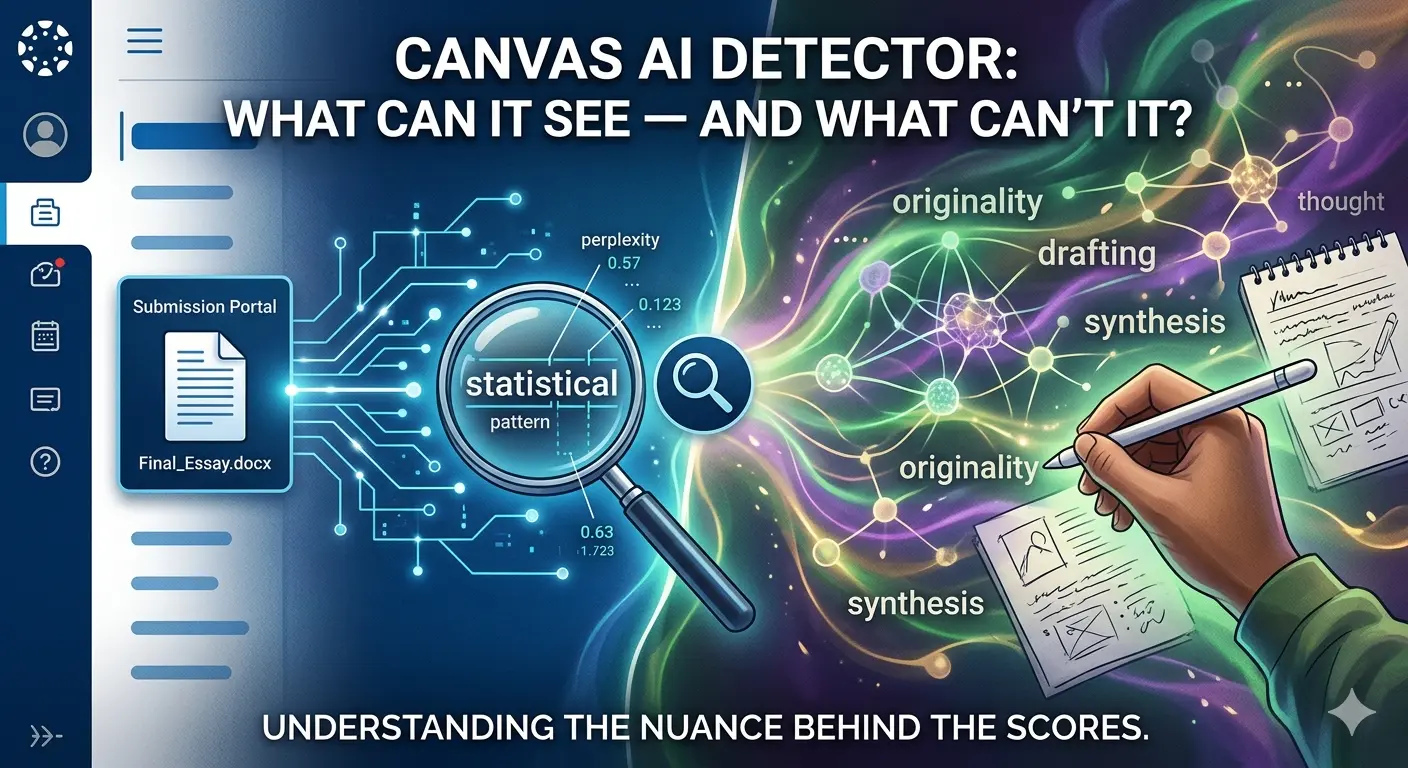Canvas AI detector 2026 : what can it actually see — and what can't it? 1 ai detector The Left Side (The Machine): Features a sleek, dark interface styled after a student submission portal. A magnifying glass hovers over a digital file labeled "Final_Essay.docx," analyzing it through glowing blue circuitry and data points like "statistical pattern" and "perplexity". The Right Side (The Human): Transitions into a vibrant, colorful explosion of organic shapes and neural-like connections. A human hand is shown actively writing on a notepad, surrounded by floating words such as "originality," "synthesis," "thought," and "drafting". Text Overlay: The main title is displayed at the top, with a subtitle at the bottom that reads: "UNDERSTANDING THE NUANCE BEHIND THE SCORES". ai detector