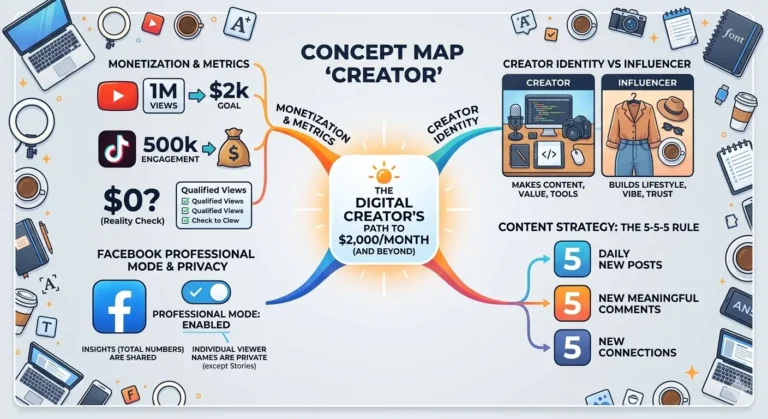 A comprehensive infographic titled 'The Digital Creator’s Path to $2,000/Month,' featuring a central concept map that breaks down monetization metrics for YouTube and TikTok, the difference between 'Creator' and 'Influencer' identities, Facebook Professional Mode privacy settings, and the 5-5-5 content strategy rule. The design is clean and modern, surrounded by digital workspace elements like a laptop, camera, and coffee.