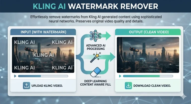 An infographic titled "KLING AI WATERMARK REMOVER" showing a side-by-side comparison of a video before and after watermark removal. The left "Input" side displays a futuristic city scene covered in "KLING AI" text watermarks, while the right "Output" side shows the same clean, high-quality image. Arrows in the center represent "Advanced AI Processing" and "Deep Learning Content Aware Fill" to demonstrate the restoration process.